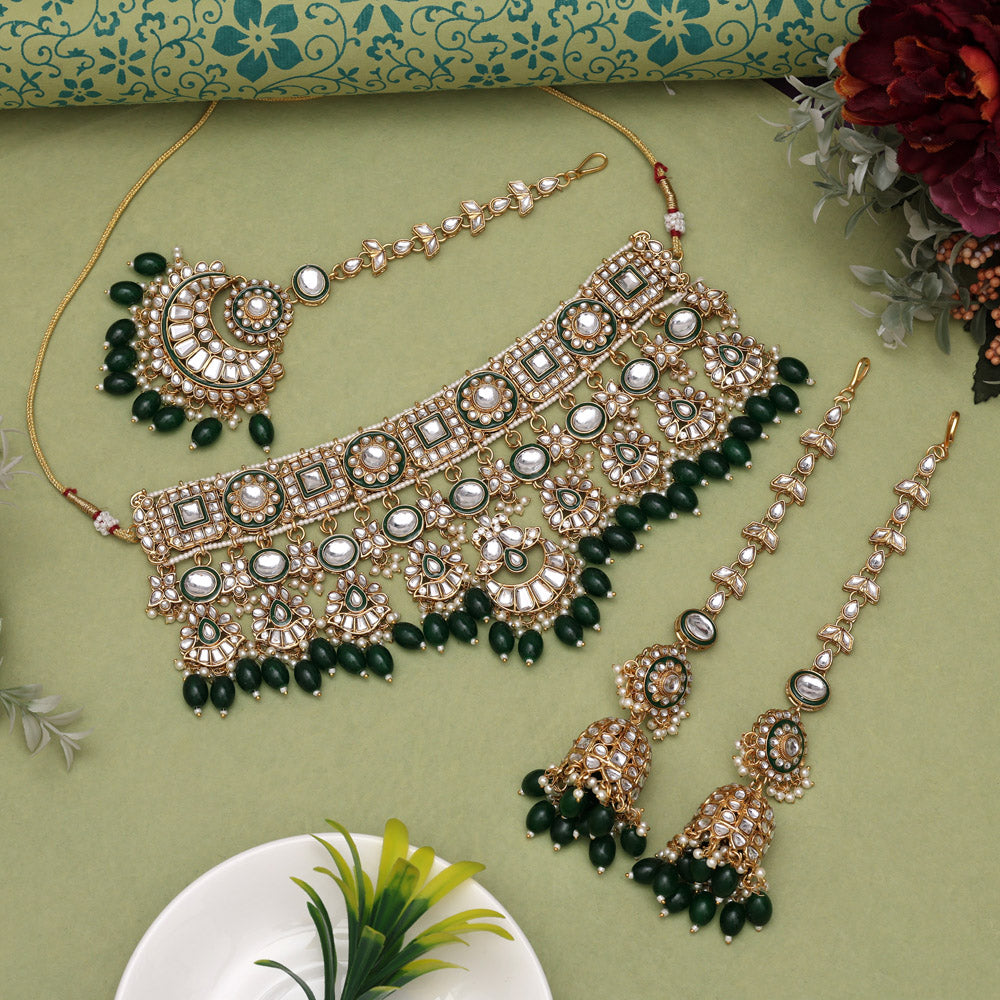 Green Color Meena Work Kundan Necklace Set
