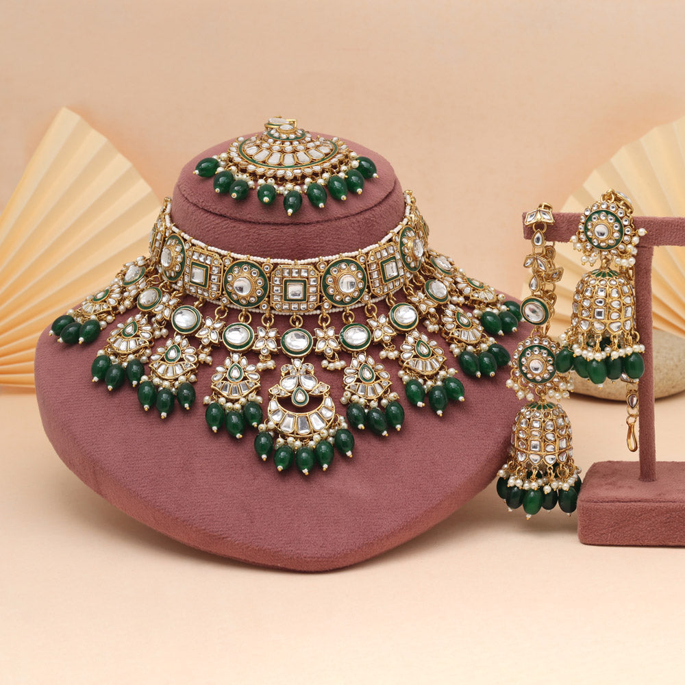Green Color Meena Work Kundan Necklace Set