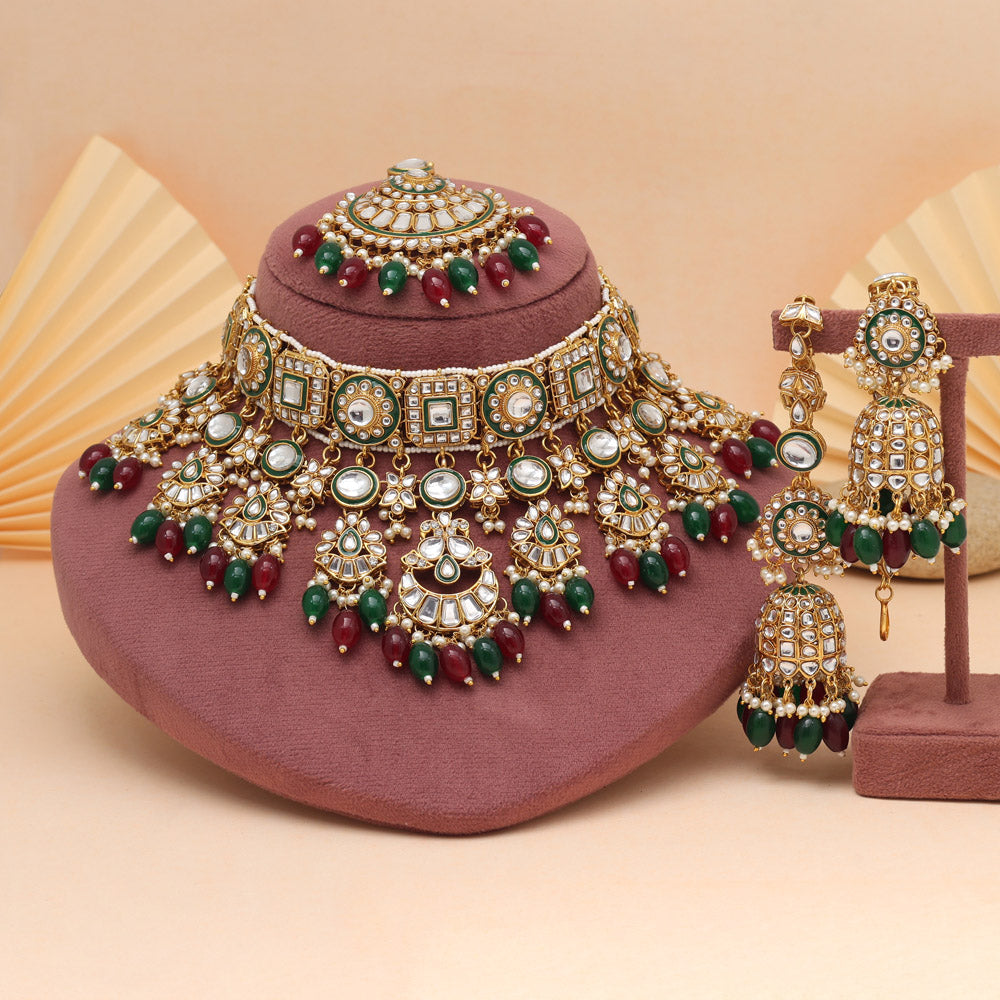 Maroon & Green Color Meena Work Kundan Necklace Set