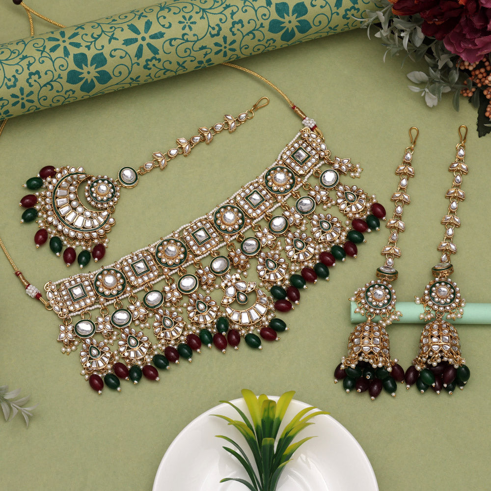 Maroon & Green Color Meena Work Kundan Necklace Set