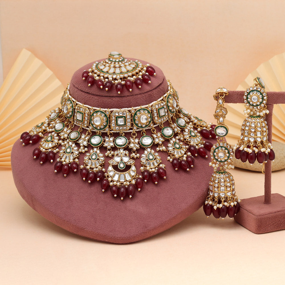 Maroon Color Meena Work Kundan Necklace Set