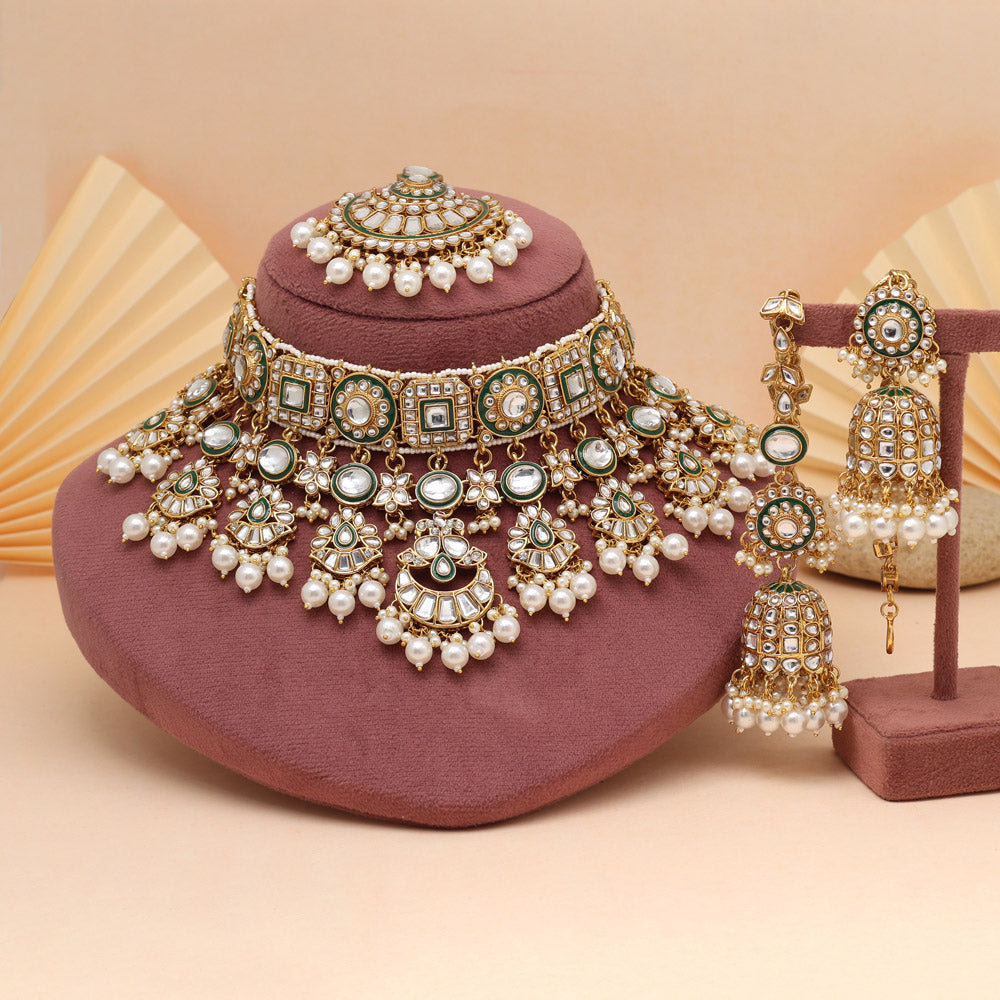 White Color Meena Work Kundan Necklace Set