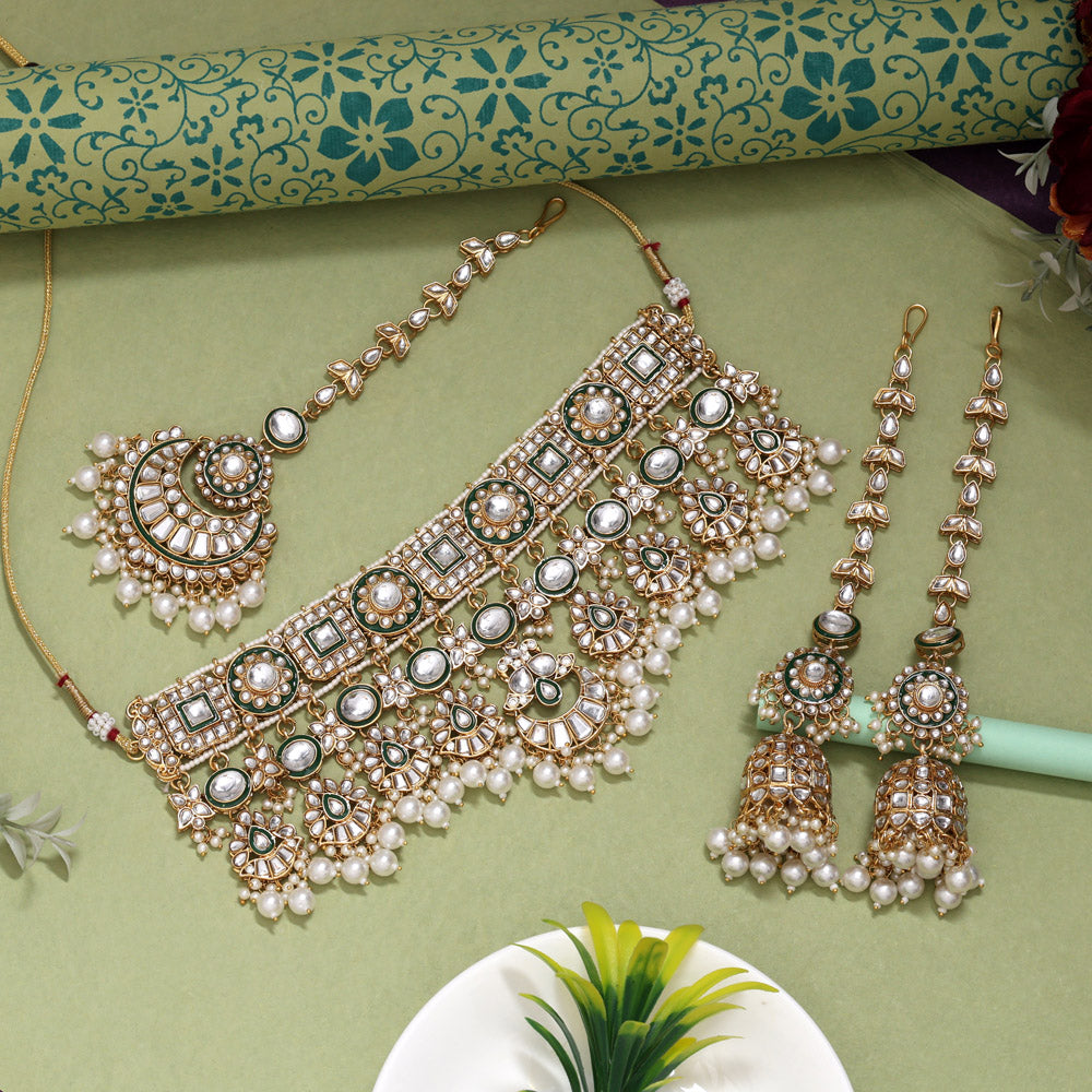 White Color Meena Work Kundan Necklace Set