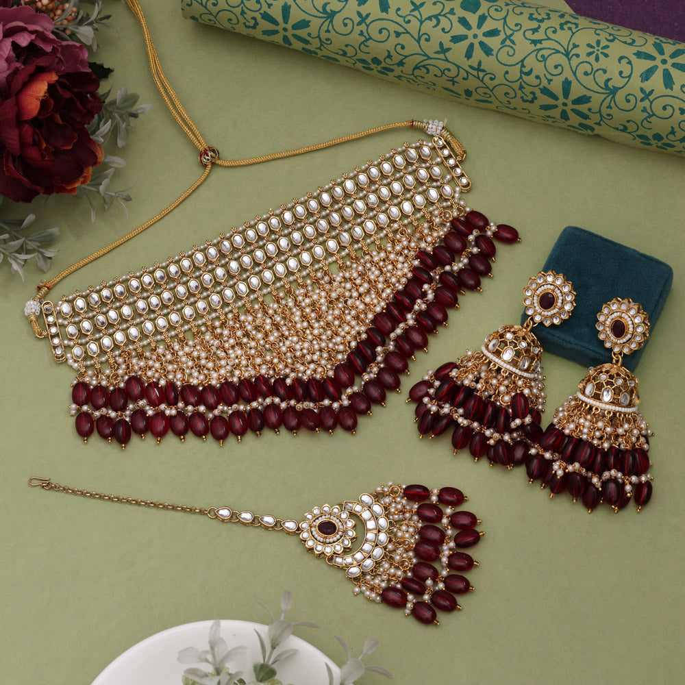 Maroon Color Traditional Kundan Necklace Set