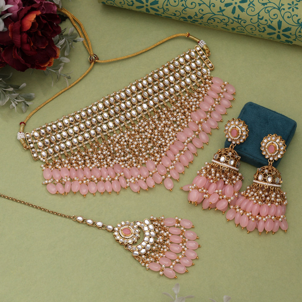 Pink Color Designer Kundan Necklace Set