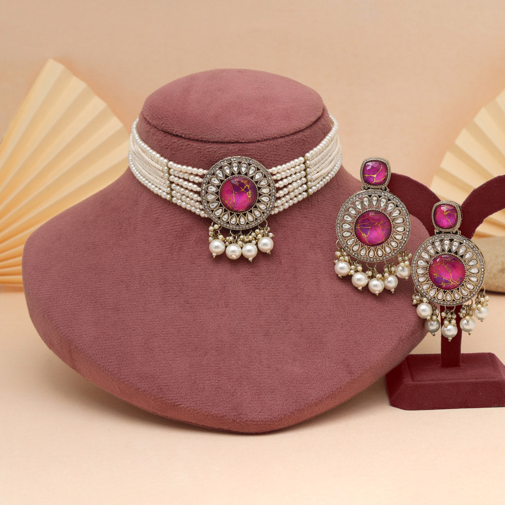 Dark Pink Color Choker Kundan Necklace Set