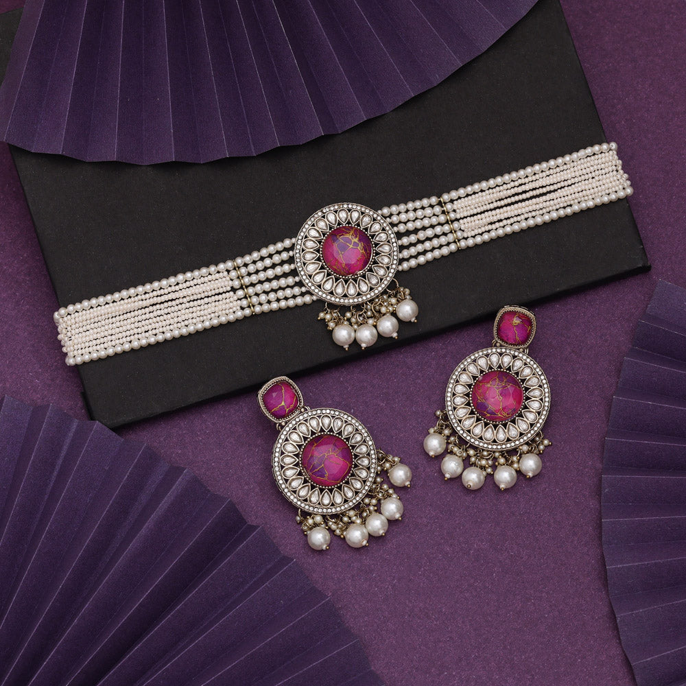 Dark Pink Color Choker Kundan Necklace Set
