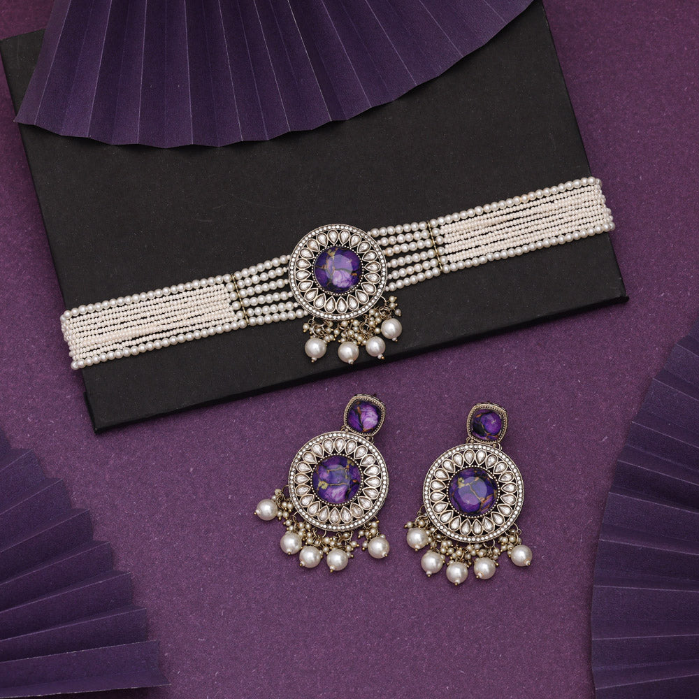 Purple Color Choker Kundan Necklace Set