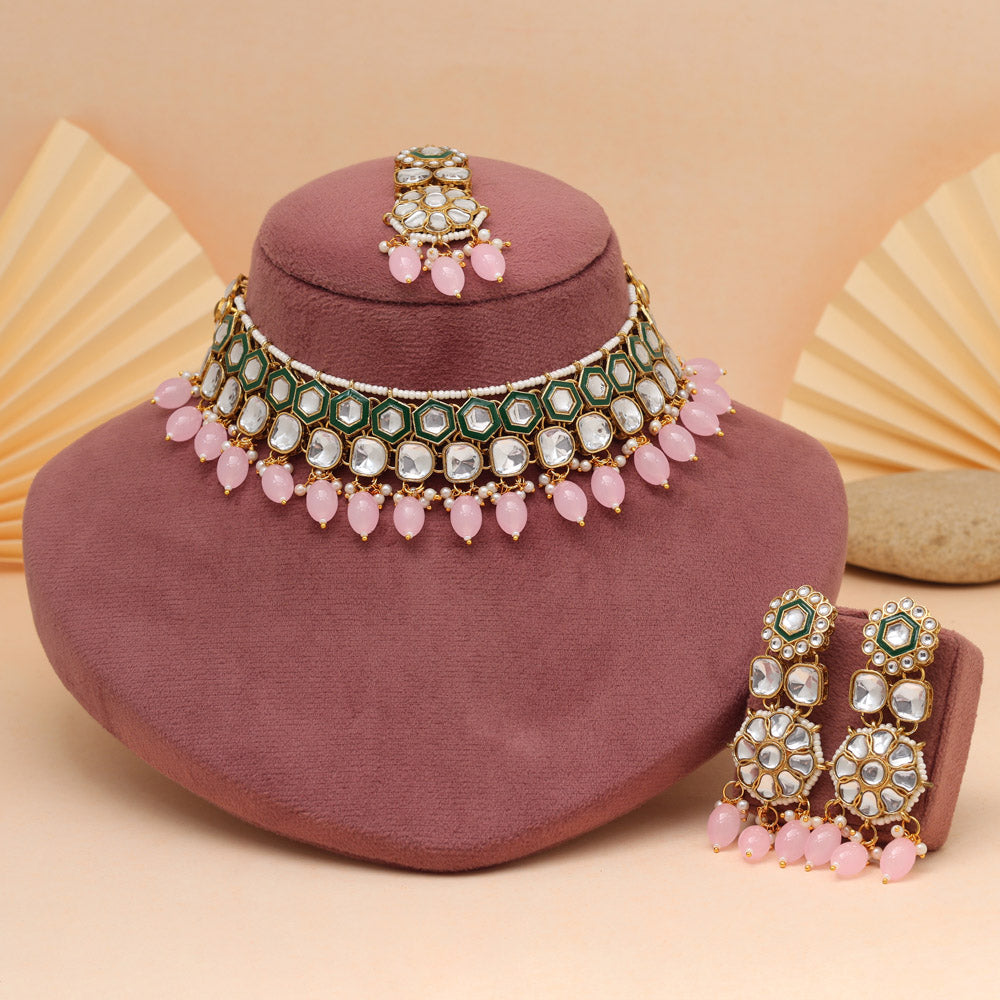 Pink Color Kundan Necklace Set