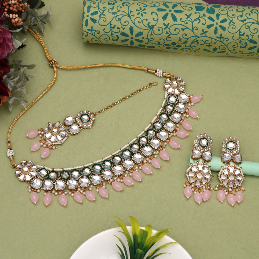 Pink Color Kundan Necklace Set