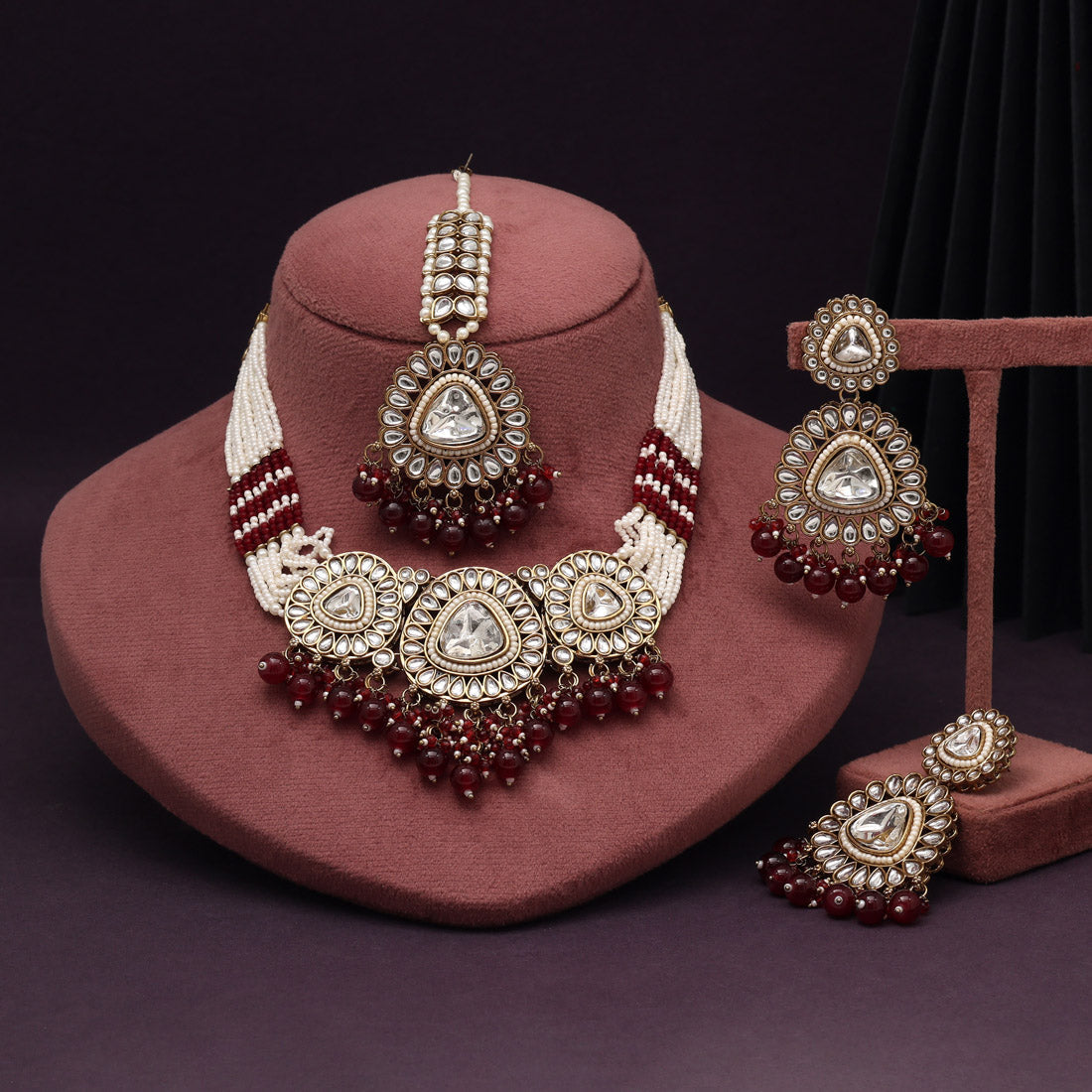 Classic Maroon Color Kundan Necklace Set