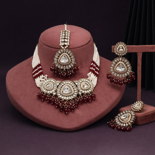 Classic Maroon Color Kundan Necklace Set
