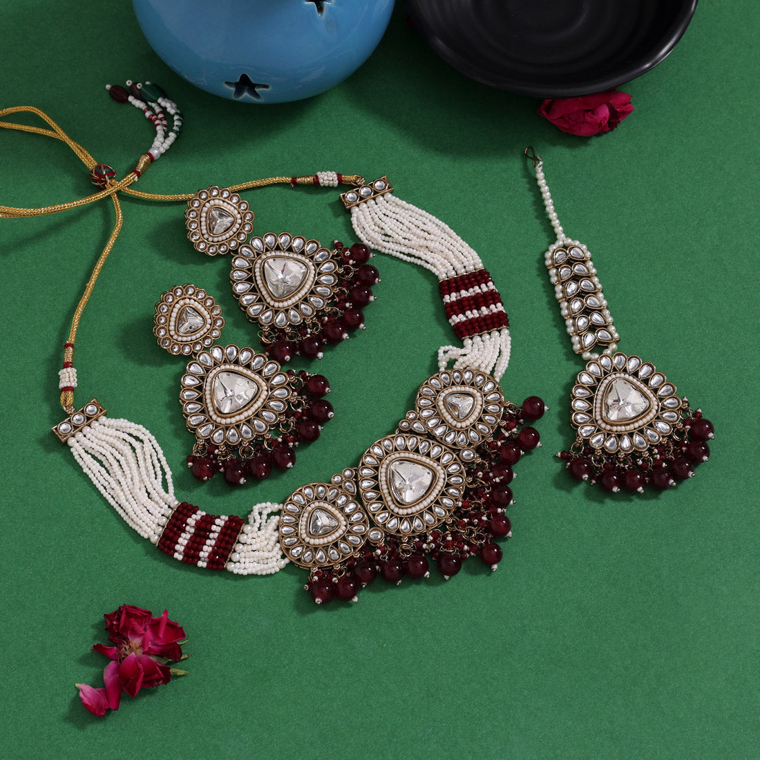 Classic Maroon Color Kundan Necklace Set