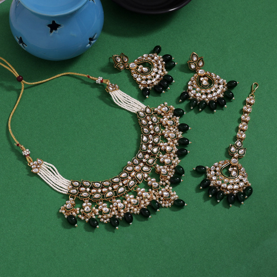 Evergreen Green Color Kundan Necklace Set