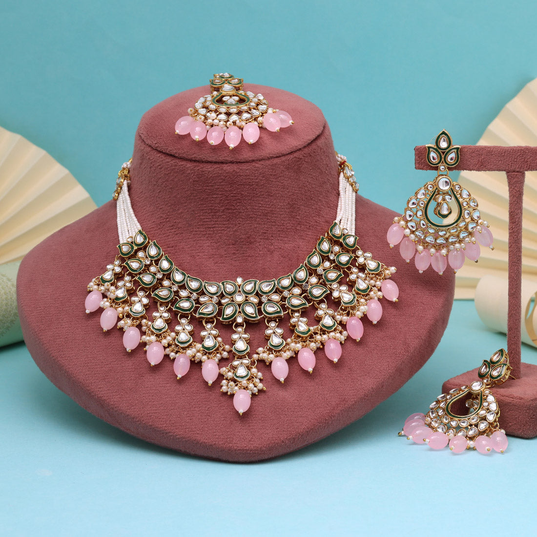 Soft Blush Pink Color Kundan Necklace Set