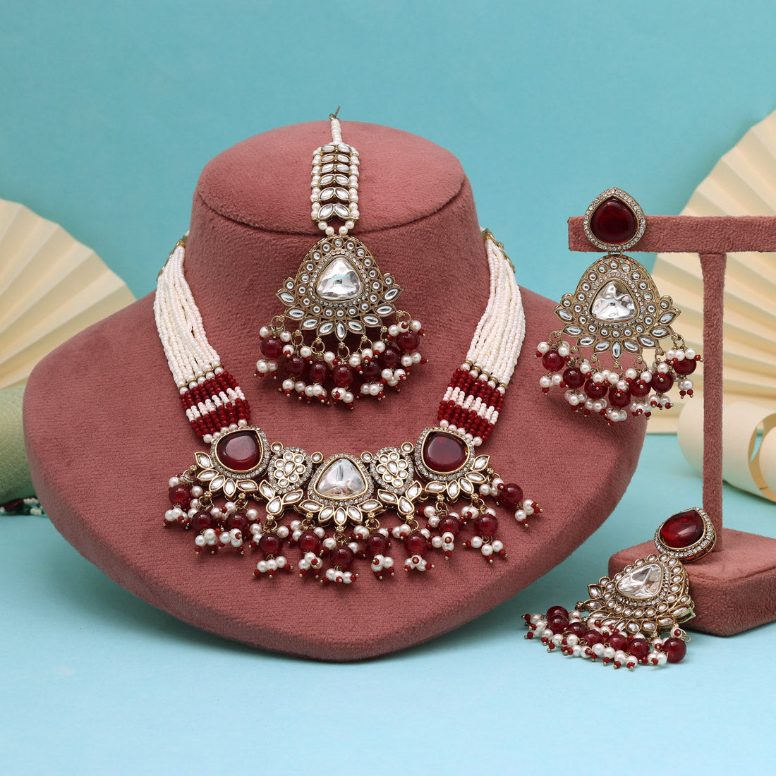 Deep Hue Maroon Color Kundan Necklace Set