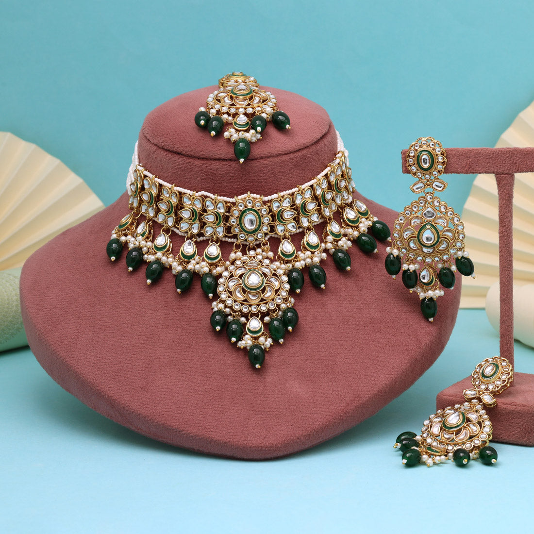Forest Green Color Choker Kundan Necklace Set