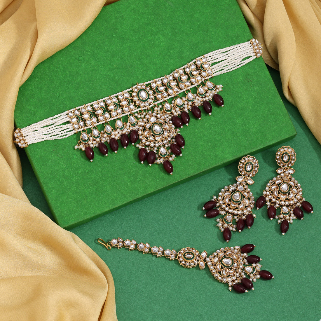 Velvet Maroon Color Choker Kundan Necklace Set