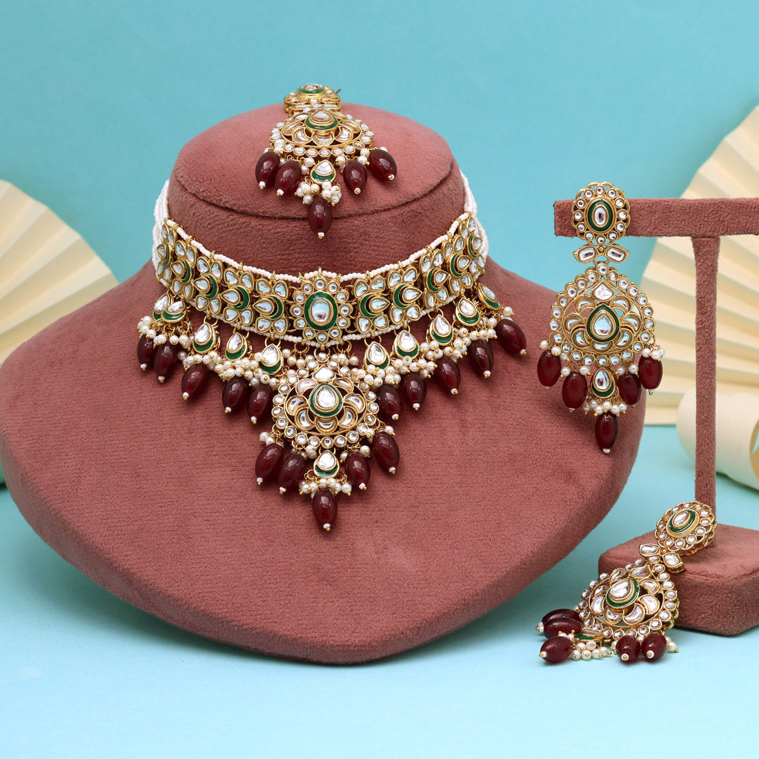 Velvet Maroon Color Choker Kundan Necklace Set