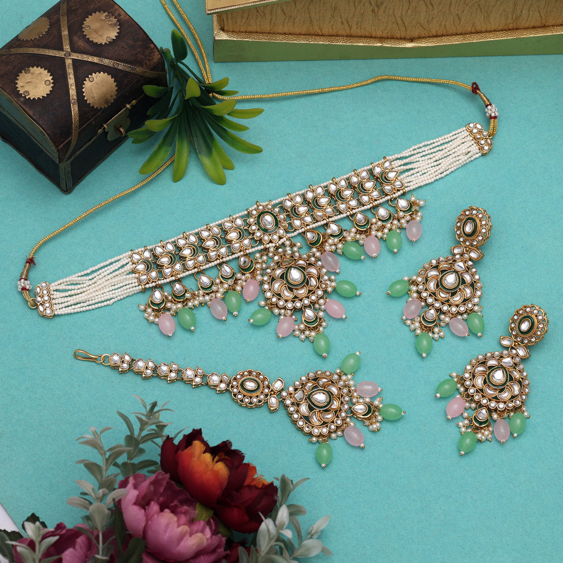Soft Pink & Pista Green Color Kundan Necklace Set