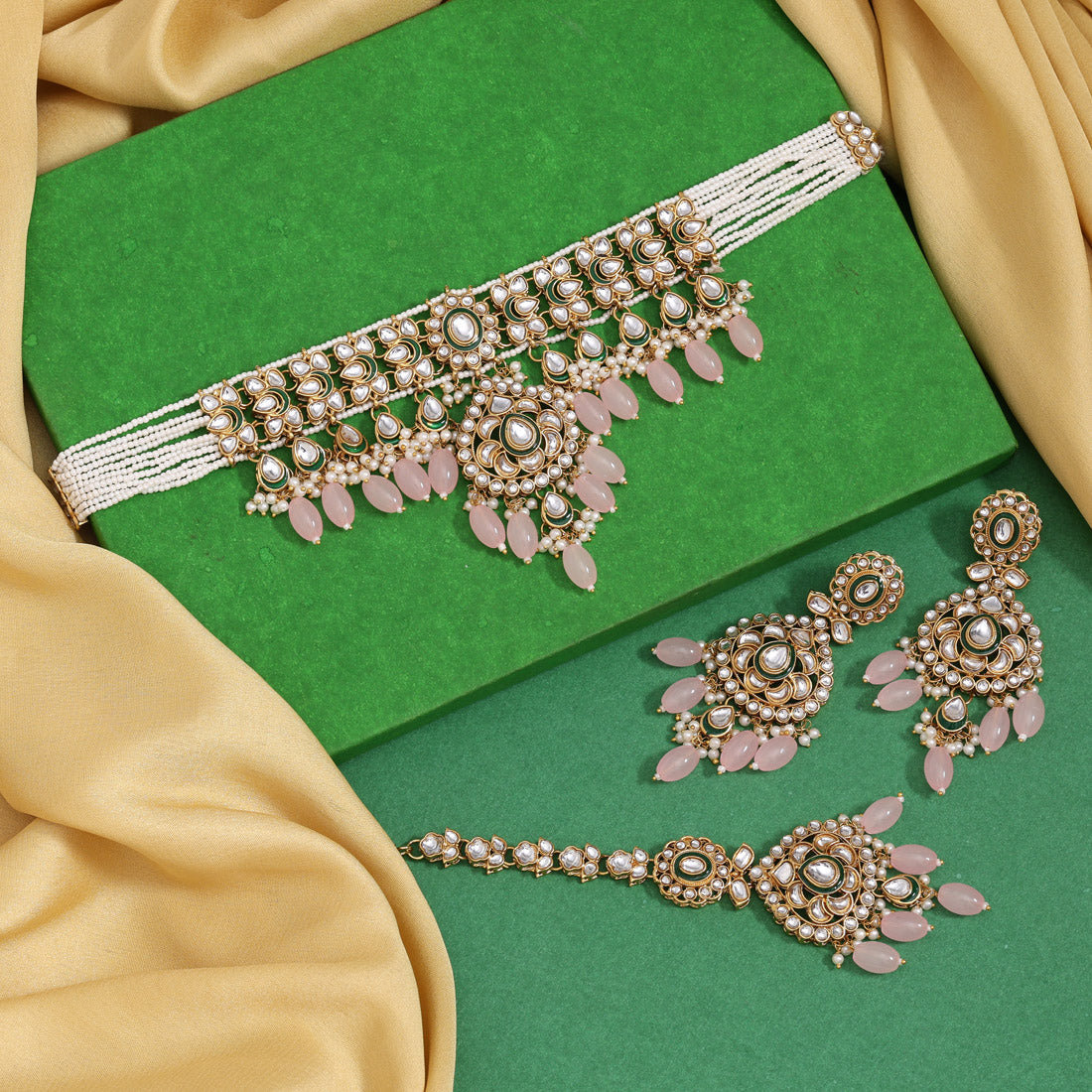 Rosy Charm Pink Color Choker Kundan Necklace Set