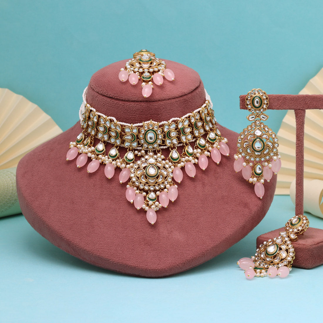 Rosy Charm Pink Color Choker Kundan Necklace Set