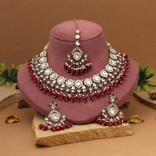 Royal Maroon Color Kundan Necklace Set