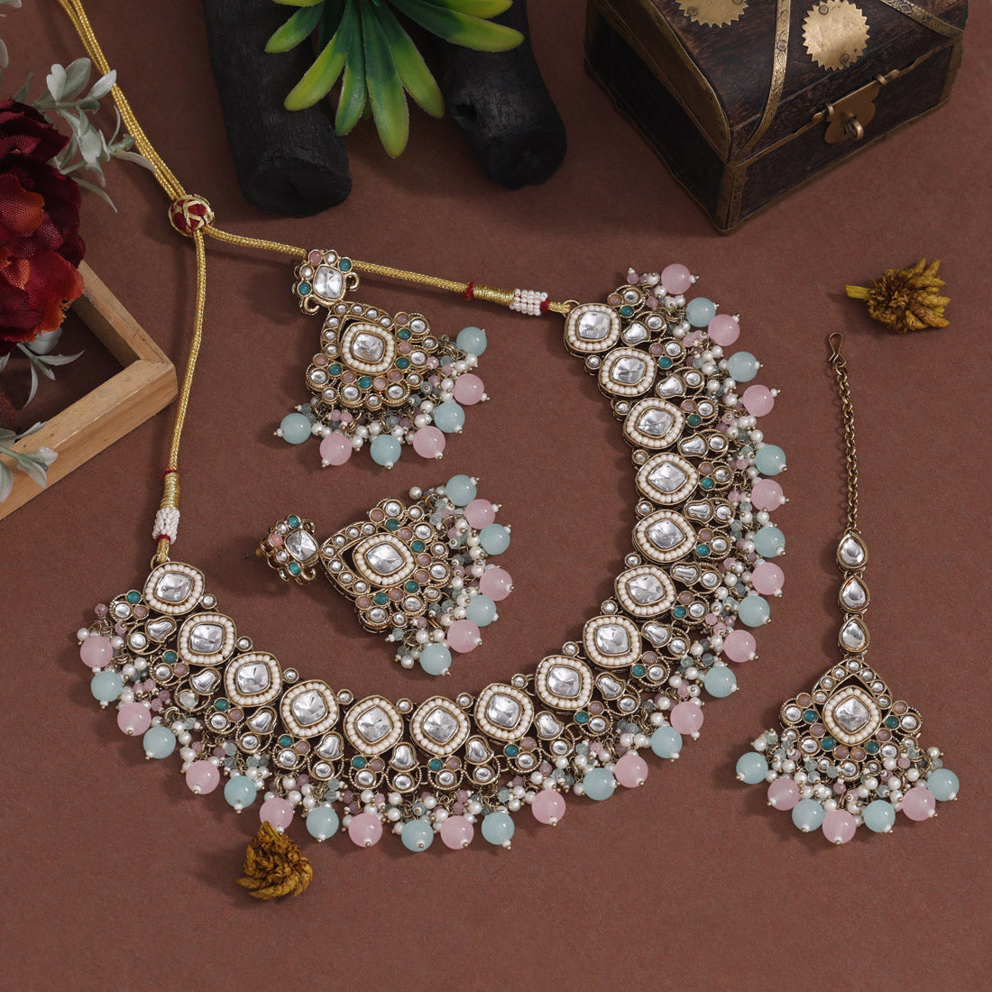Dual-Tone Pink & Sky Blue Color Kundan Necklace Set