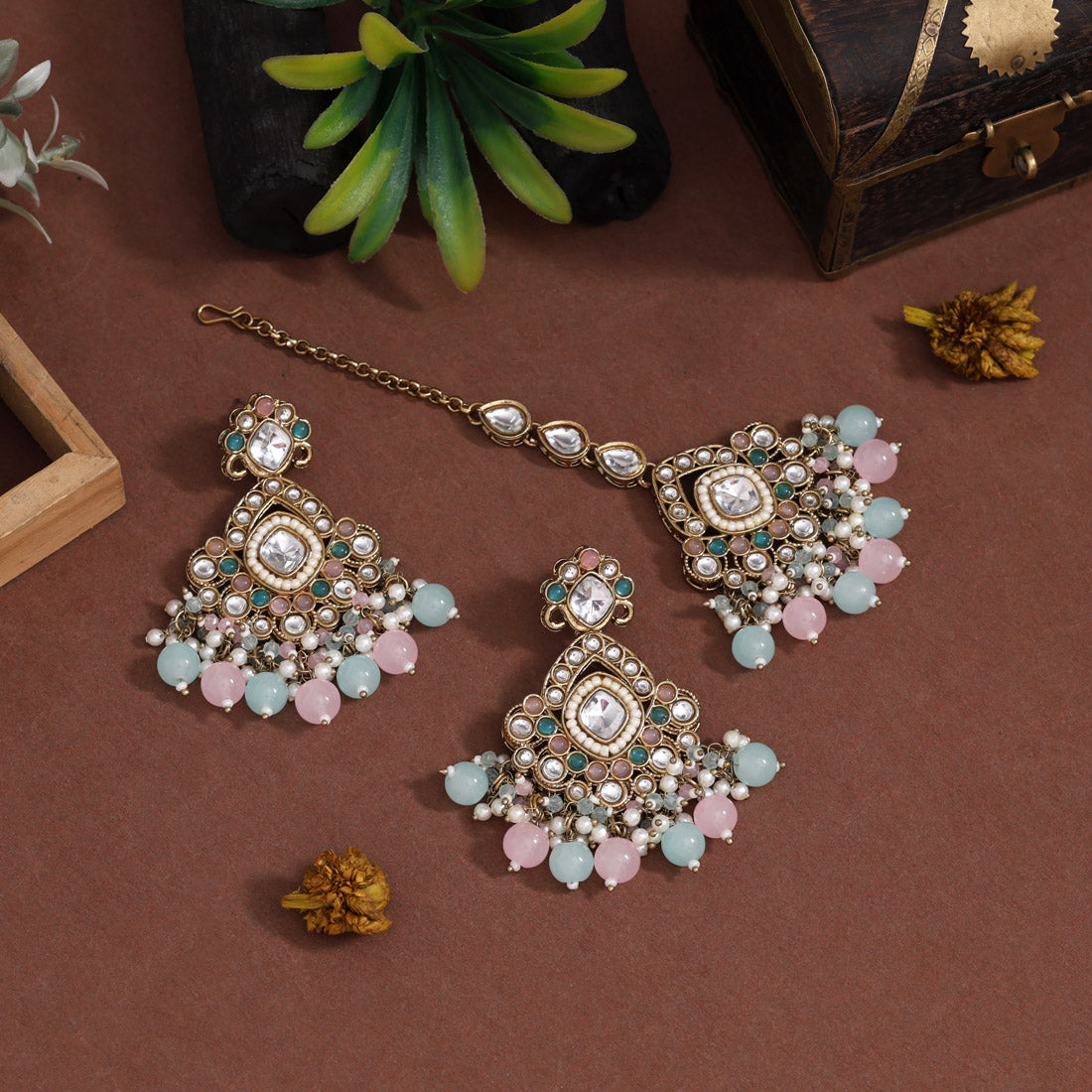 Dual-Tone Pink & Sky Blue Color Kundan Necklace Set