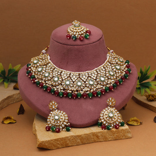 Fusion Maroon & Green Color Kundan Necklace Set