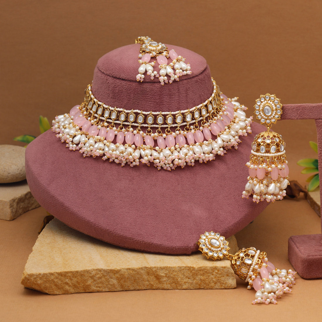 Soft Pink Color Kundan Necklace Set