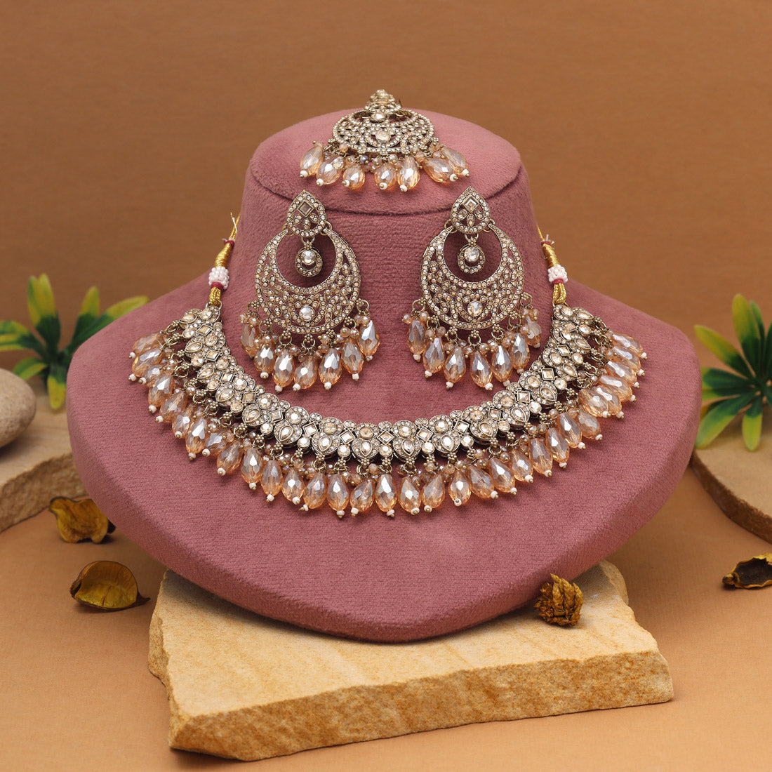 Opulent Gold Color Pakistani Kundan Necklace Set