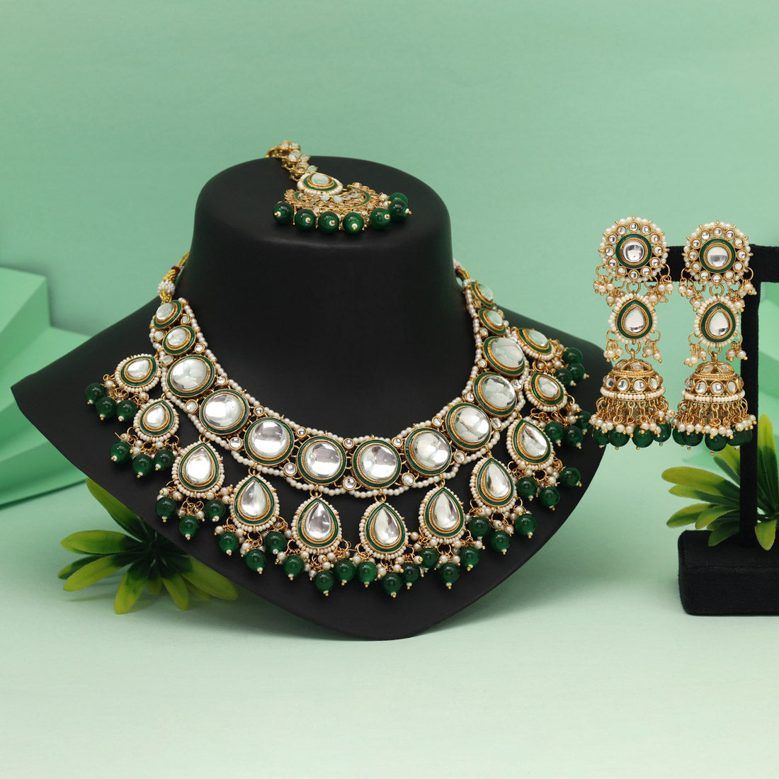 Green Color Kundan Necklace Set With Graceful Festive Look Design
