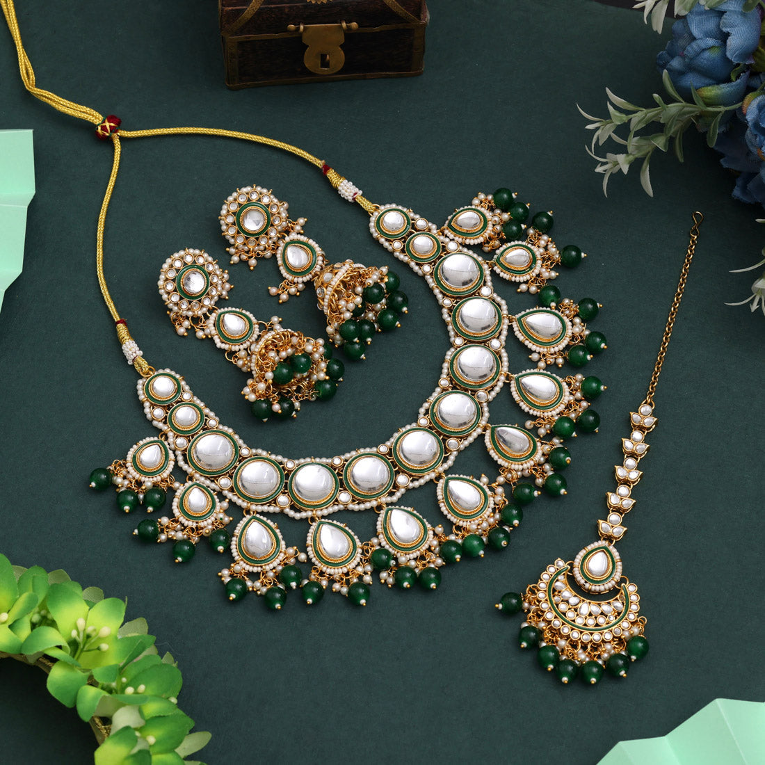 Green Color Kundan Necklace Set With Graceful Festive Look Design