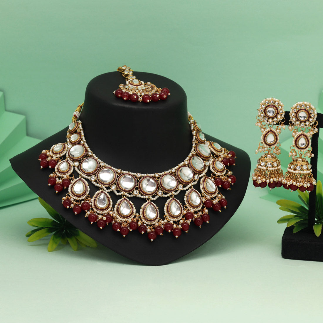 Maroon Color Kundan Necklace Set With Classic Ethnic Style Appeal