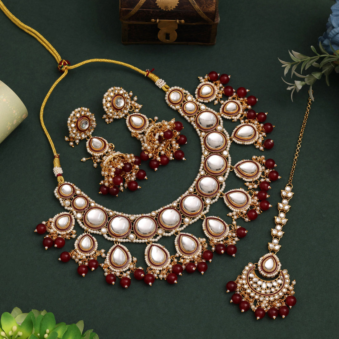Maroon Color Kundan Necklace Set With Classic Ethnic Style Appeal