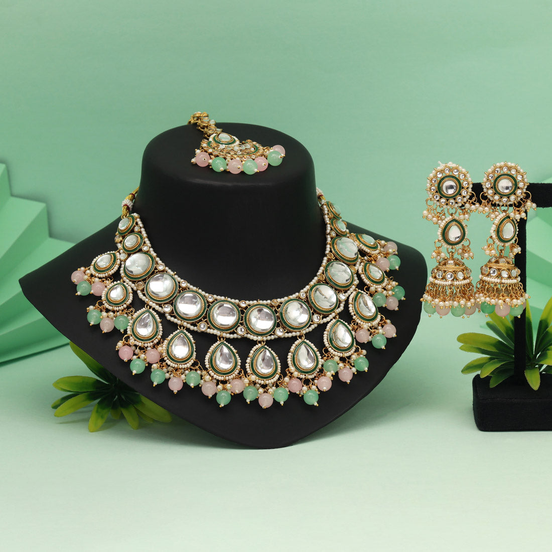 Pink & Pista Green Color Kundan Necklace Set With Dual Tone Shine