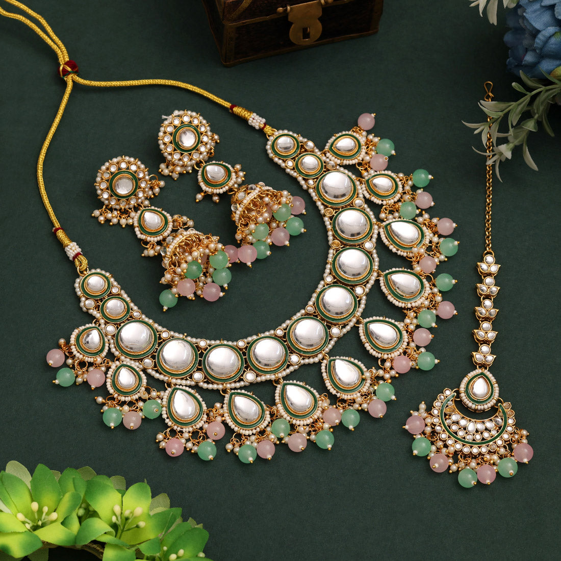 Pink & Pista Green Color Kundan Necklace Set With Dual Tone Shine