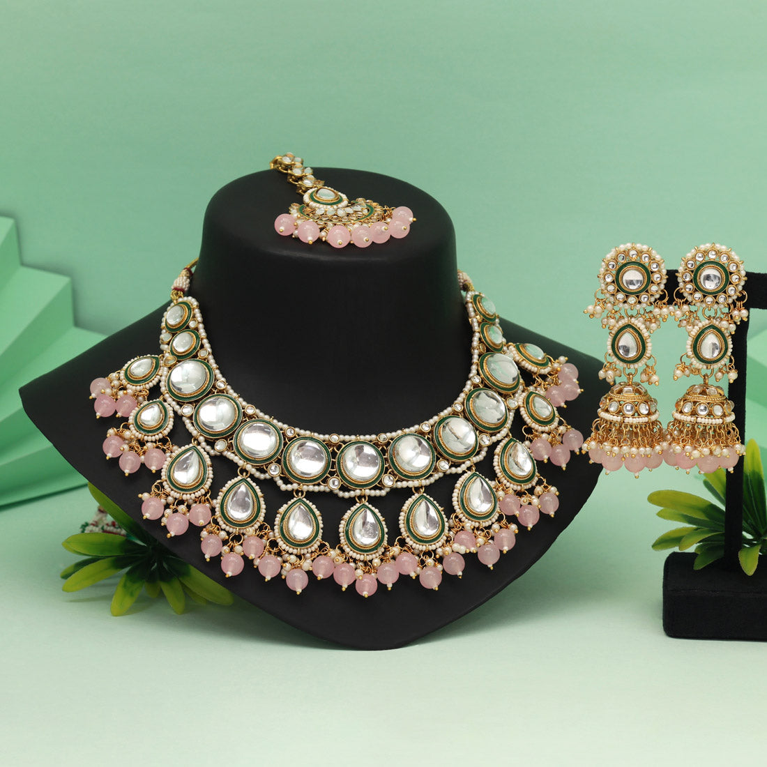 Pink Color Kundan Necklace Set With Elegant Traditional Design Elements
