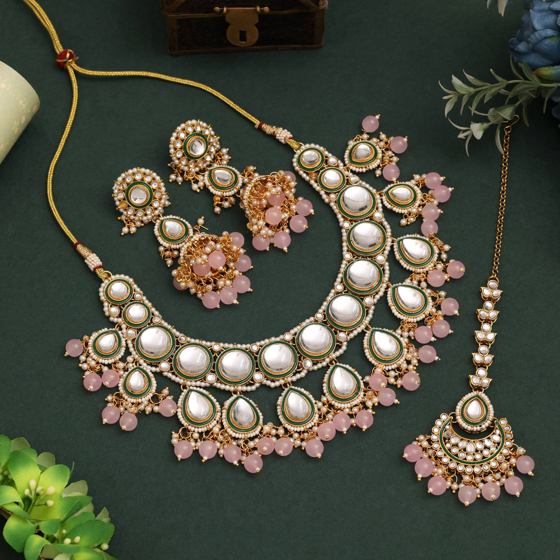 Pink Color Kundan Necklace Set With Elegant Traditional Design Elements