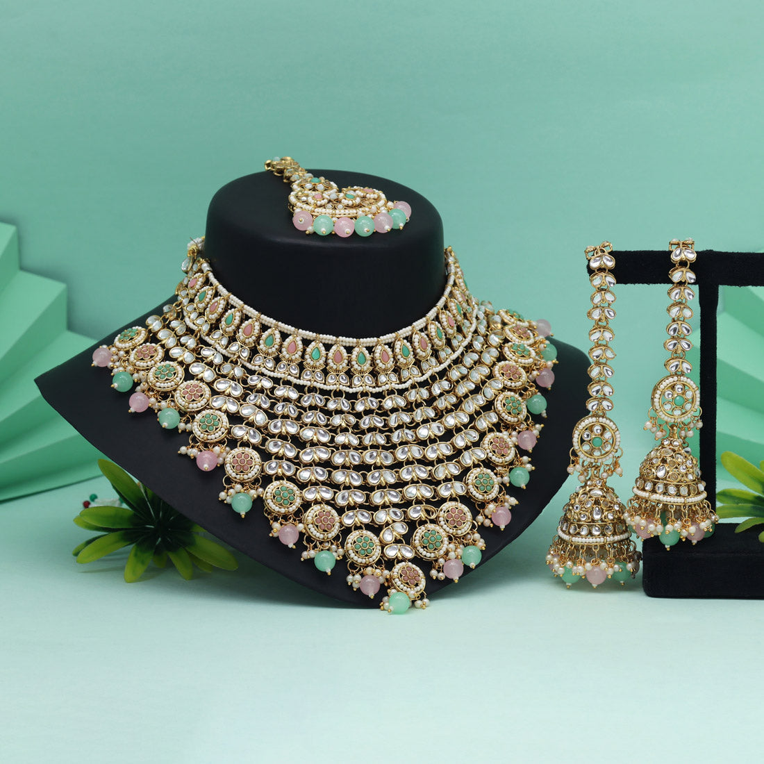 Pink & Pista Green Color Kundan Necklace Set With Stone Embellishments