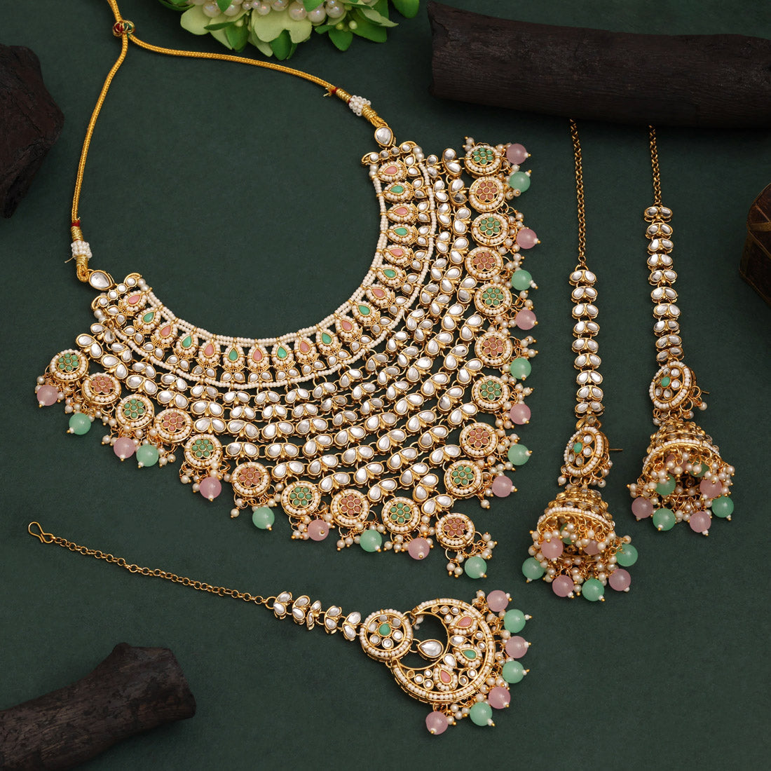 Pink & Pista Green Color Kundan Necklace Set With Stone Embellishments