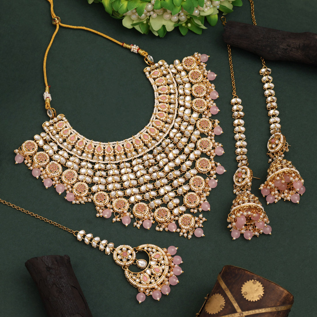 Pink Color Kundan Necklace Set Styled For Modern Ethnic Fashion