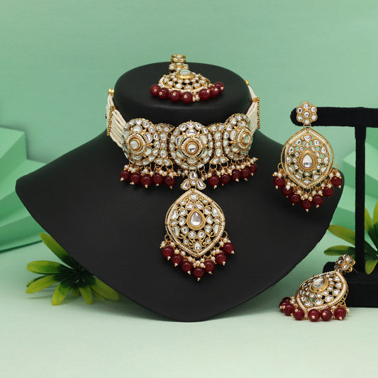Maroon Color Choker Kundan Necklace Set With Stylish Layered Design