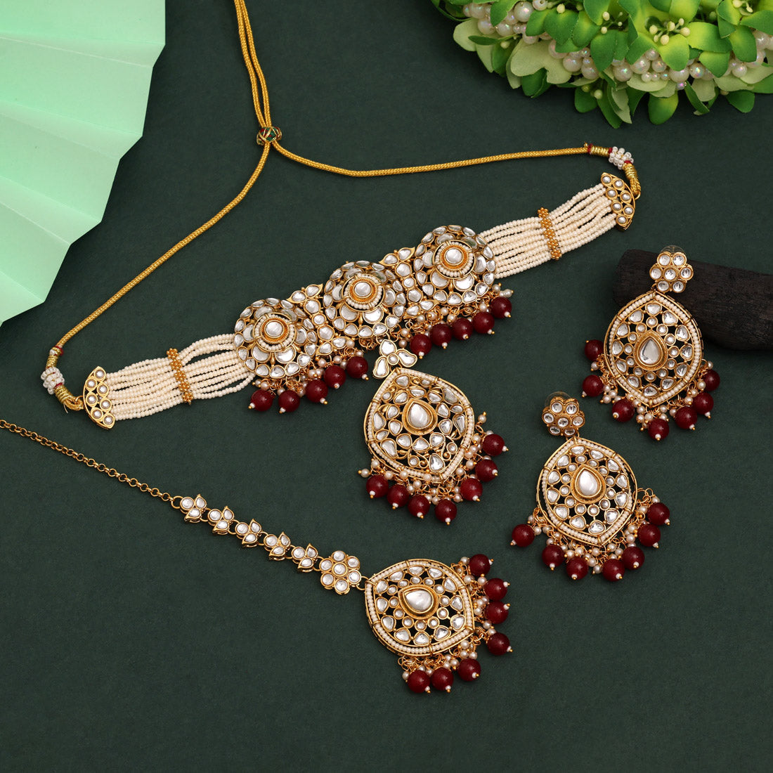 Maroon Color Choker Kundan Necklace Set With Stylish Layered Design