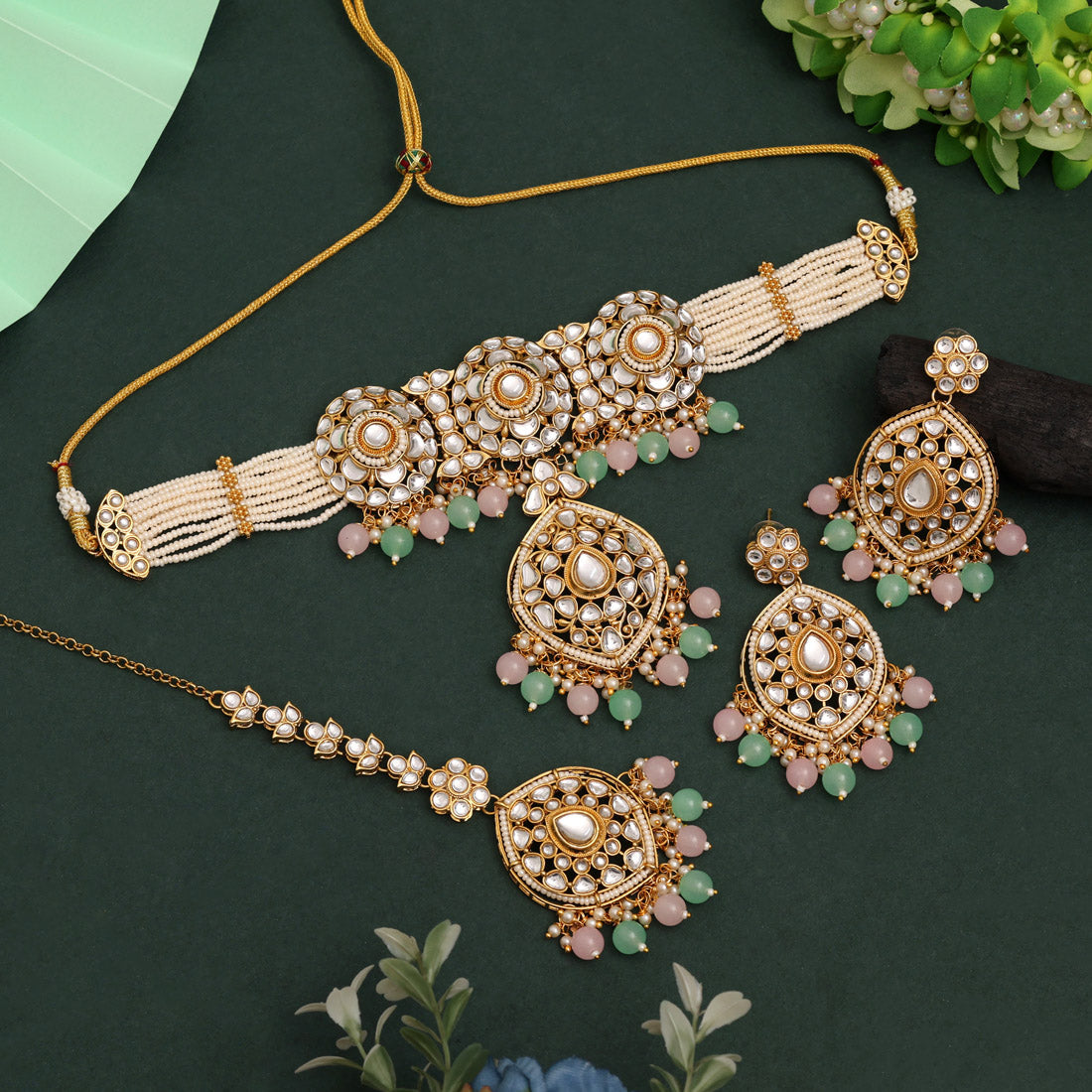 Pink & Pista Green Color Choker Kundan Necklace Set With Gem Accents