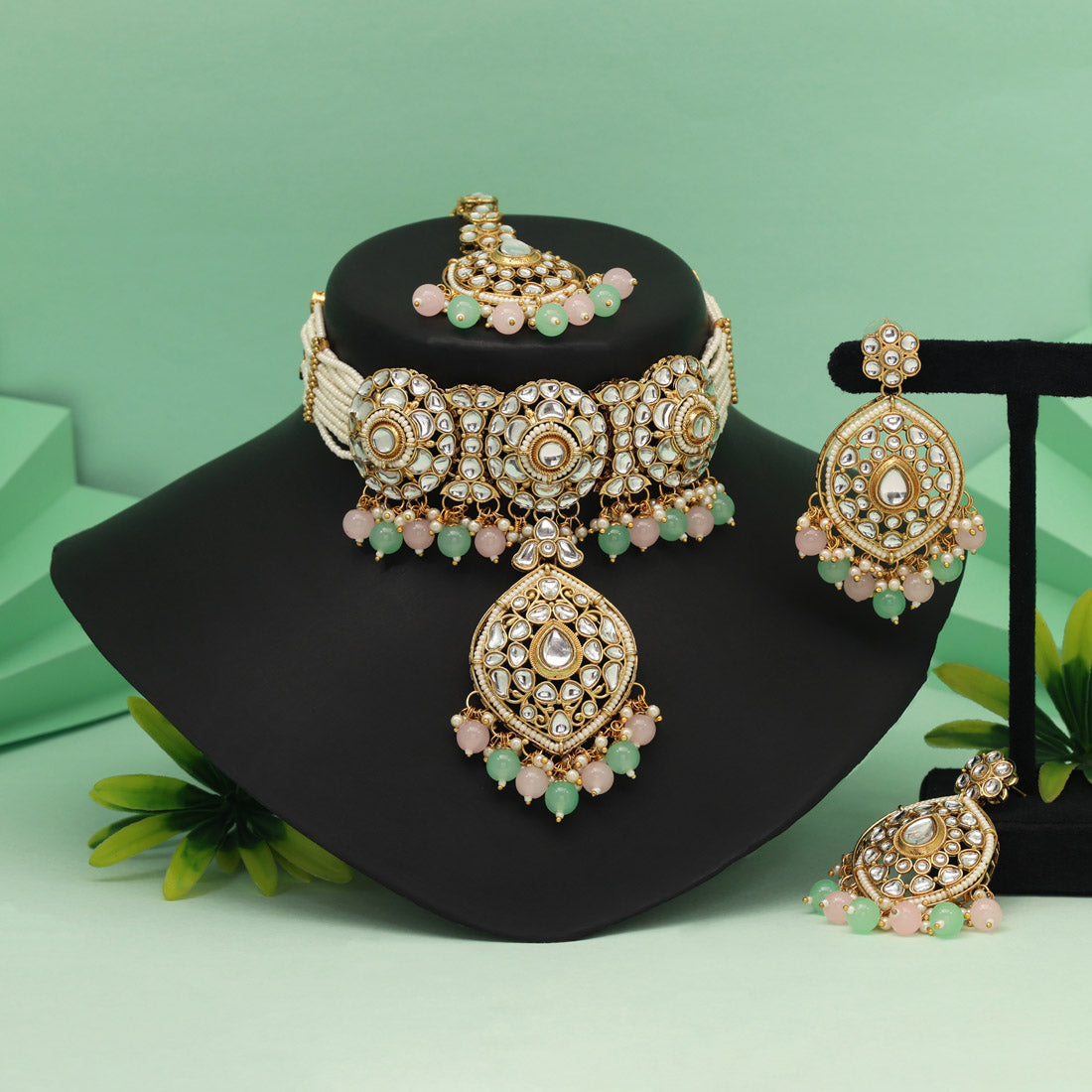 Pink & Pista Green Color Choker Kundan Necklace Set With Gem Accents