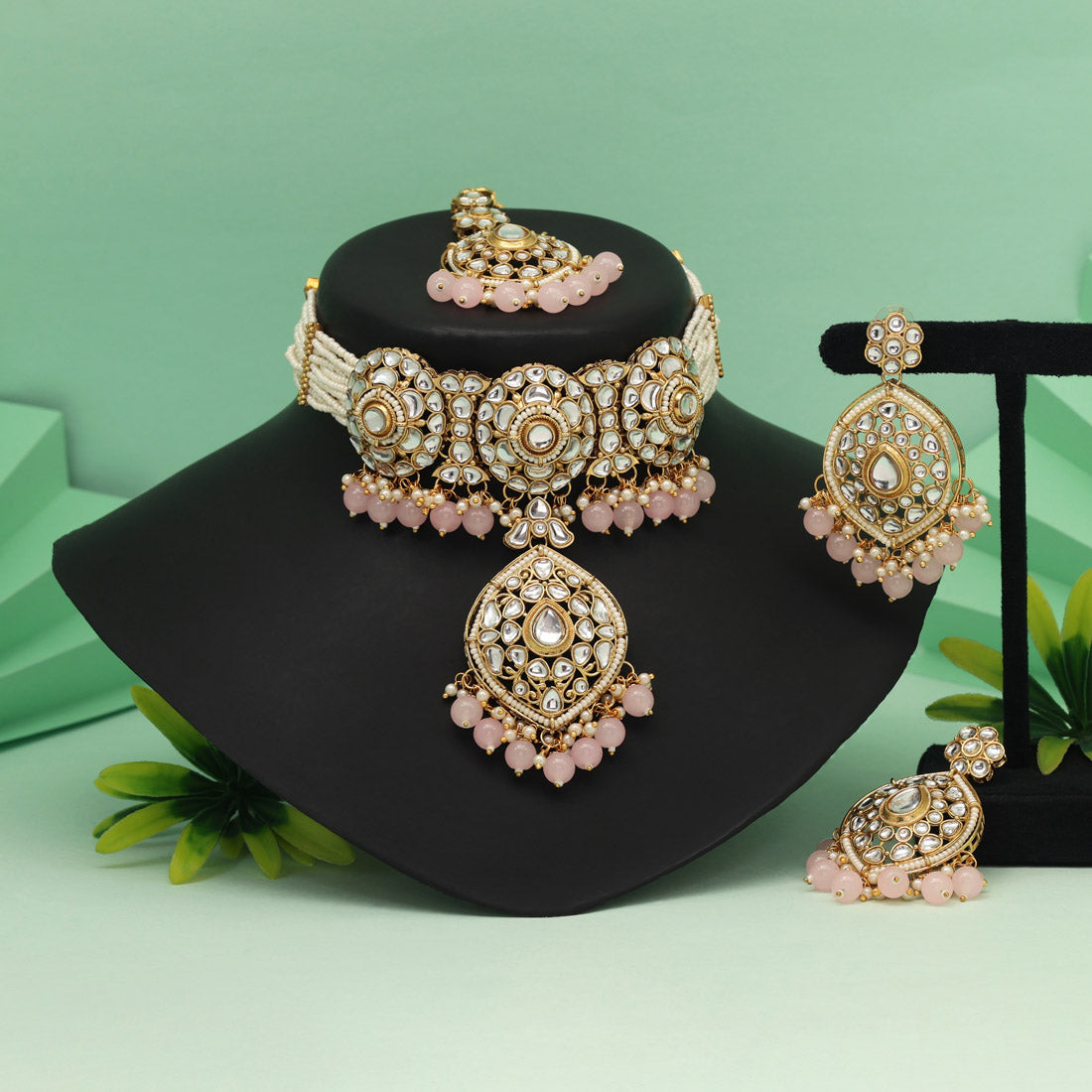 Pink Color Choker Kundan Necklace Set With Pearl Bead Droplets