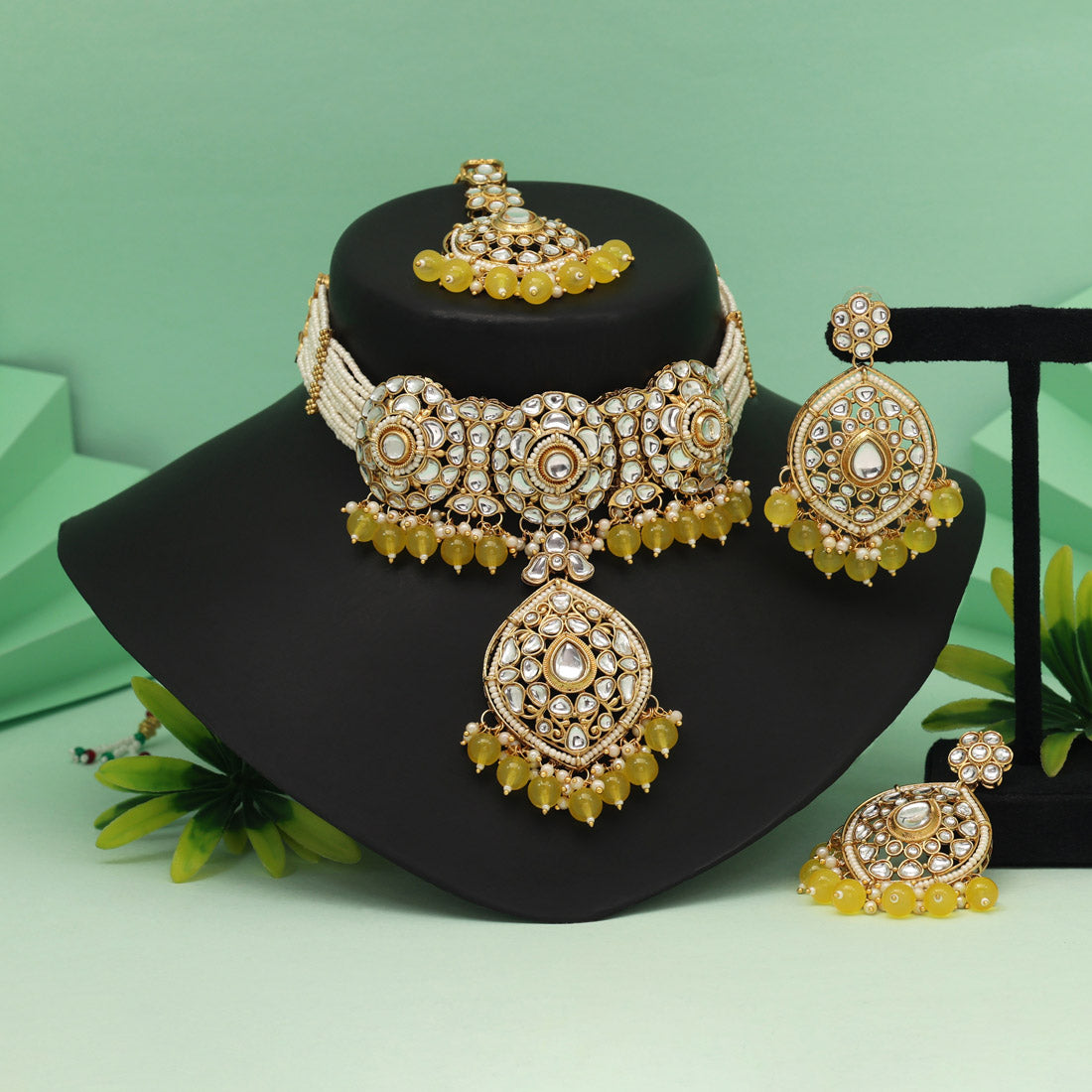 Yellow Color Choker Kundan Necklace Set For Haldi And Festive Looks
