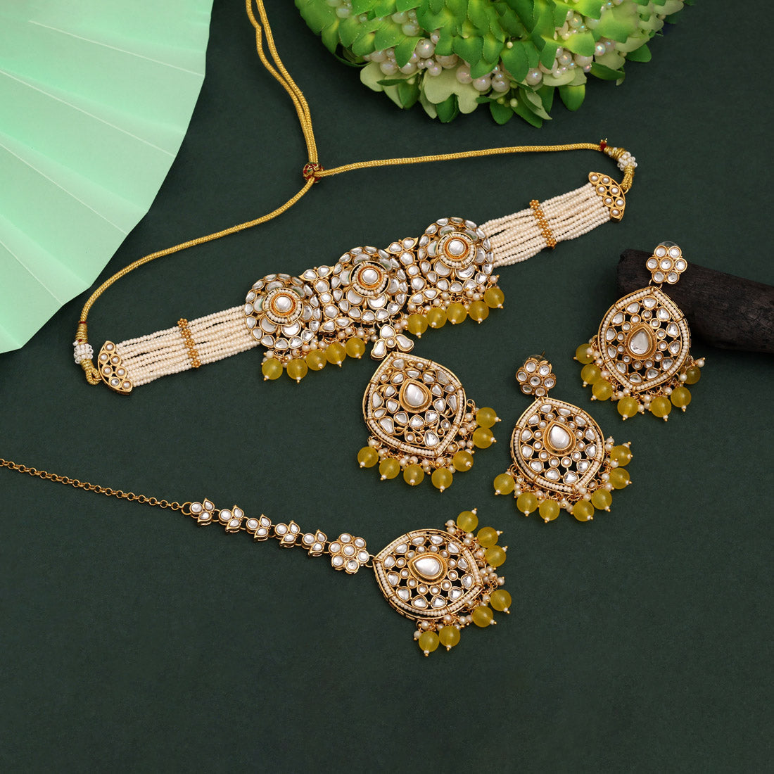 Yellow Color Choker Kundan Necklace Set For Haldi And Festive Looks